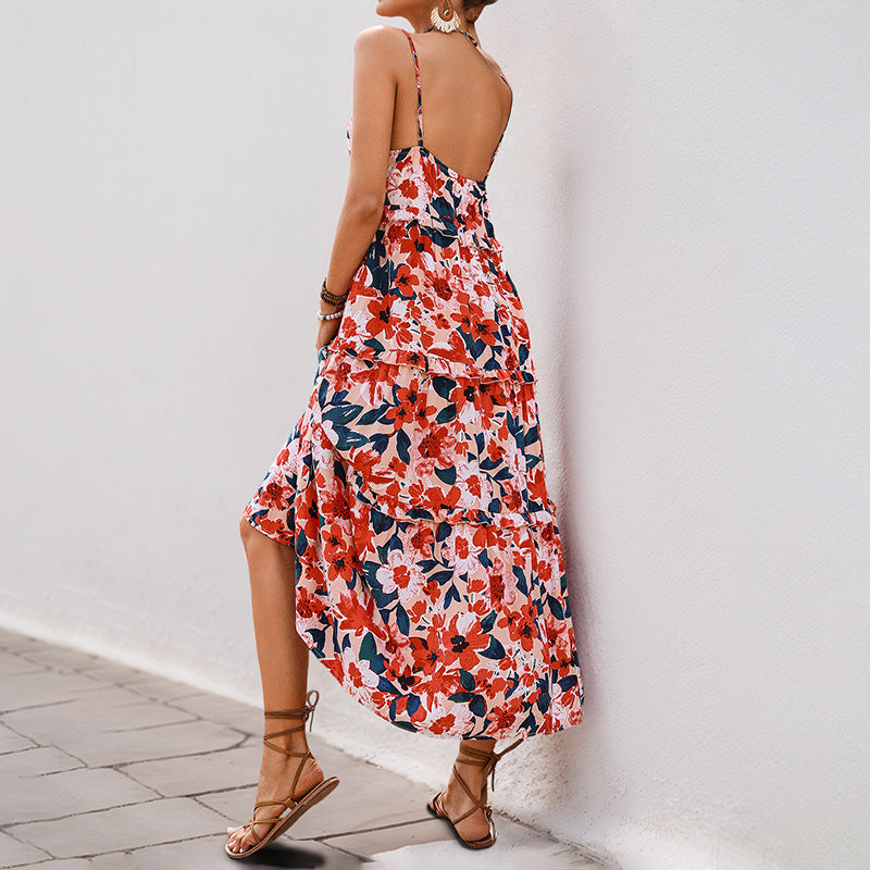 Breezy Floral Swing Dress with Spaghetti Straps for Vacations-Theone Apparel