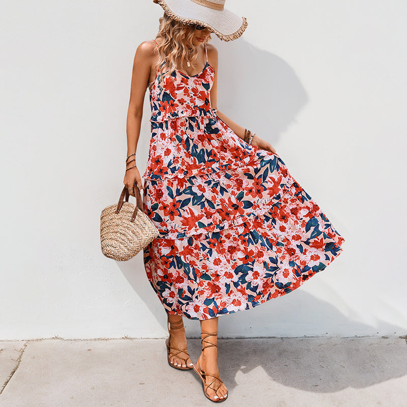 Breezy Floral Swing Dress with Spaghetti Straps for Vacations-Theone Apparel