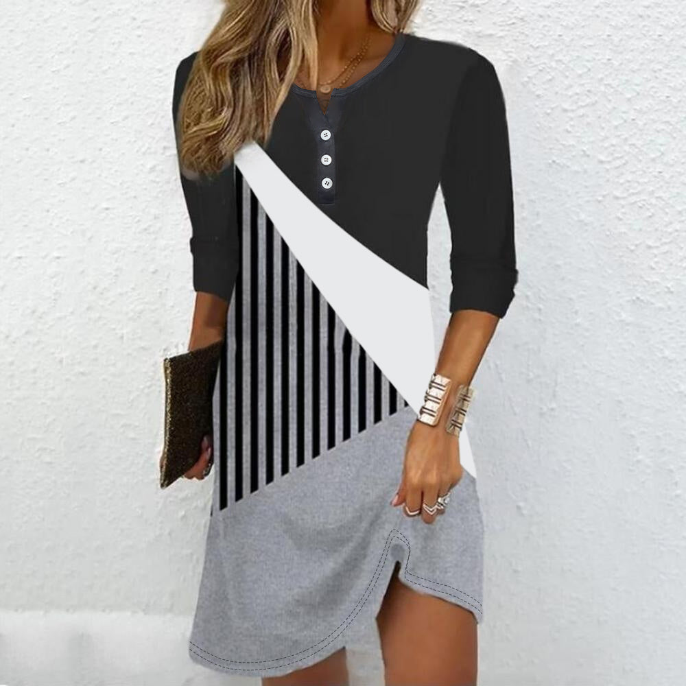 Casual Button-Front V-Neck Dress for Effortless Comfort-Black/White-Theone Apparel