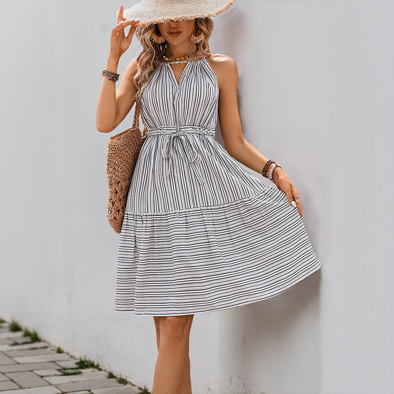 Casual Striped Suspender Dress with Timeless Street Style Appeal-Theone Apparel