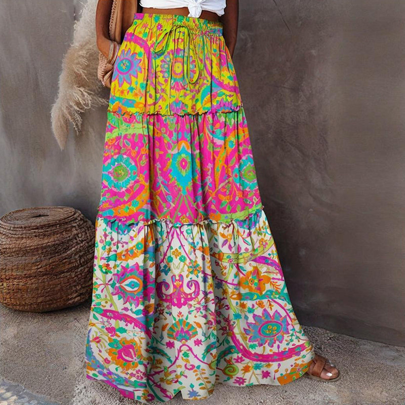 Rok maxi maxi blok warna dengan pinggang tali elastis