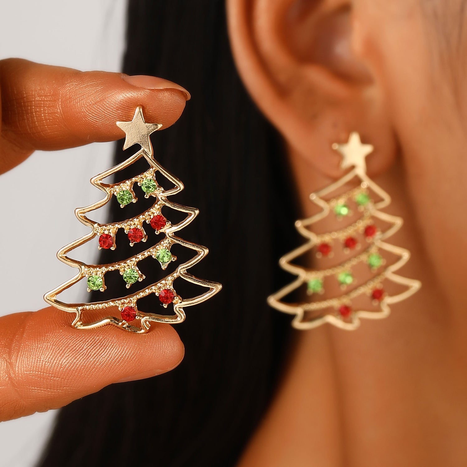 Cute Minimalist Christmas Tree Dangle Stud Back Earrings