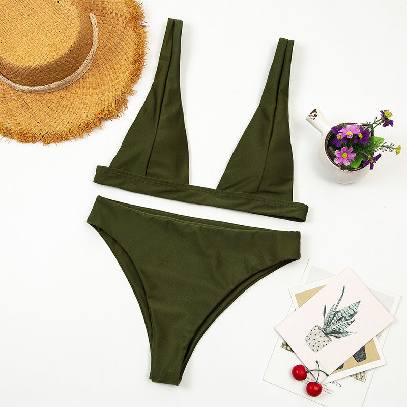 Deep V High-Waist Brazilian Two-Piece Bikini Swimsuit Beachwear-Army Green-Theone Apparel