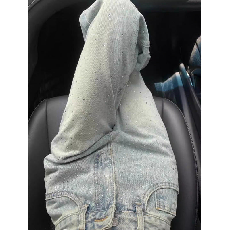 Jeans di rinestone designer con forma a gamba larga drappeggiata