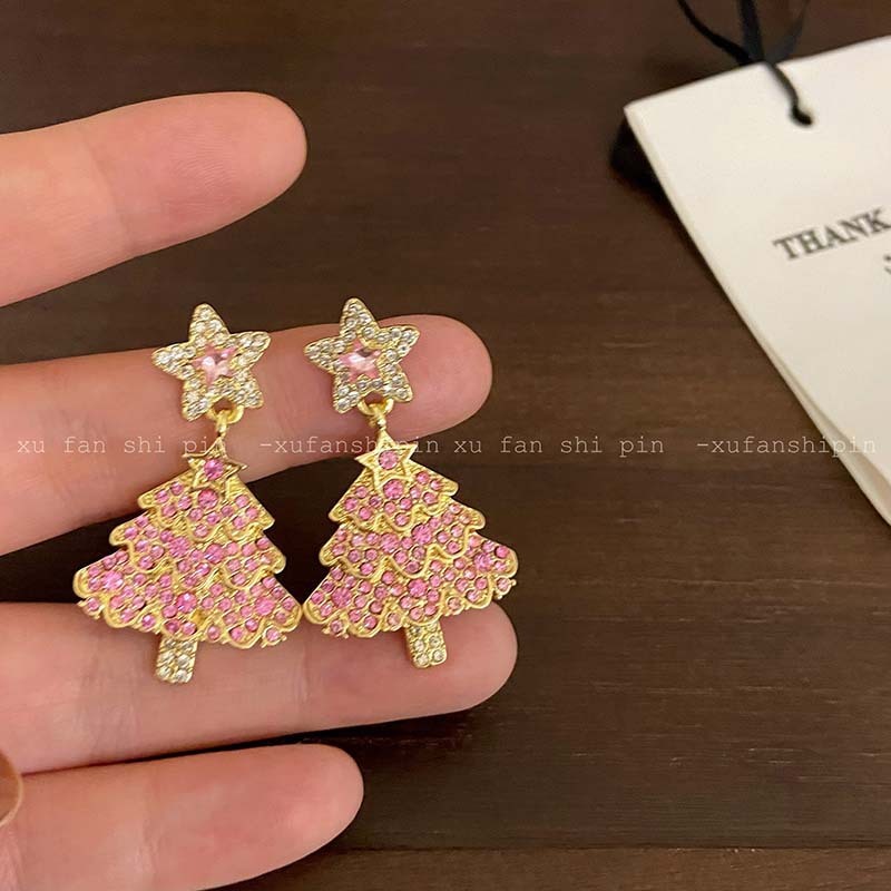 Elegant Christmas Tree Stud Back Dangle Earrings with Jewels-Pink-Theone Apparel