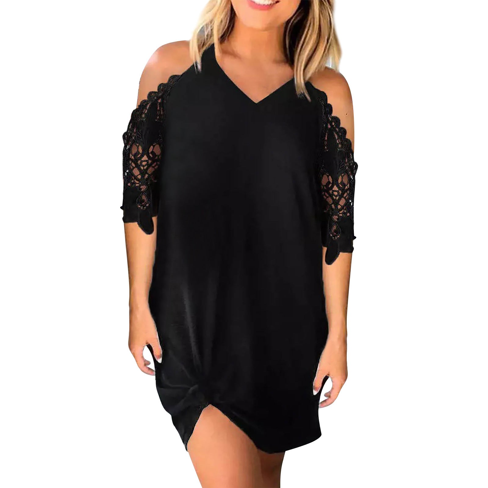Vestido elegante de renda fria de renda de ombro em Vido Midi-Color Midi