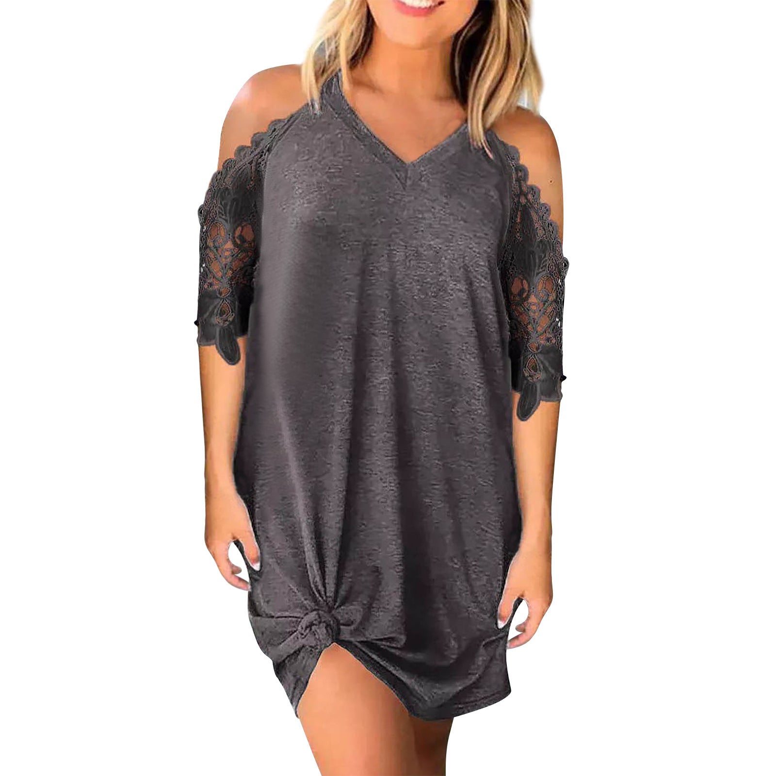 Vestido elegante de renda fria de renda de ombro em Vido Midi-Color Midi