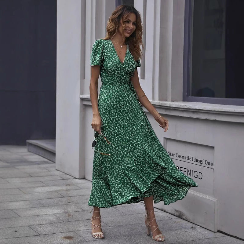 Elegant Ruffled V-Neck Chiffon Dress with Tied Waist Detail-Green-Theone Apparel
