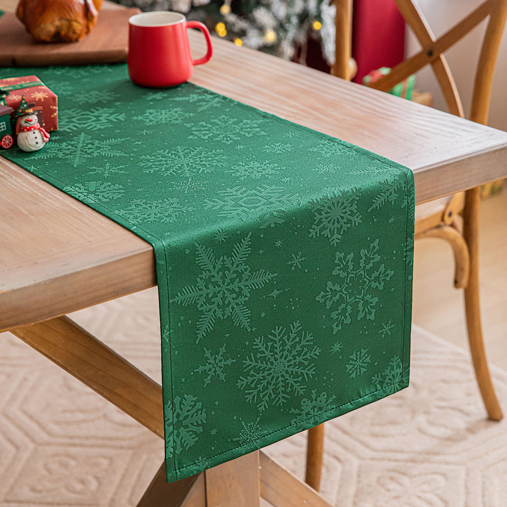 Elegant Satin Polyester Jacquard Christmas Table Runner in Assorted Colors-Green with Snowflake-Theone Apparel