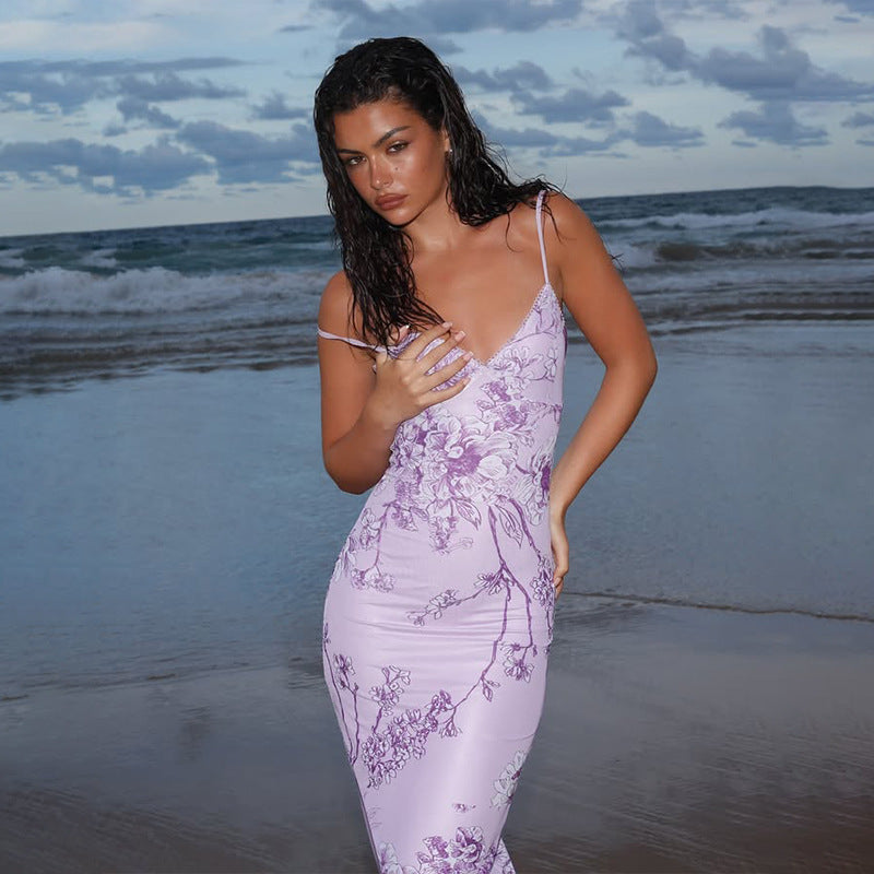 Robe corporel imprimé violet élégant en V pourpre pour les soirées du soir