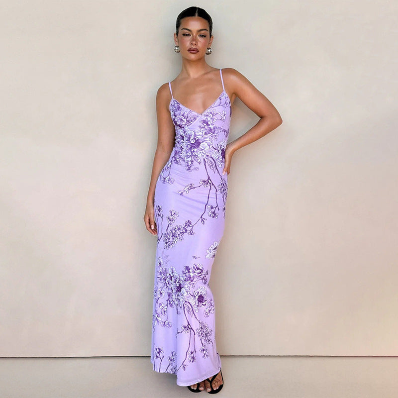 Robe corporel imprimé violet élégant en V pourpre pour les soirées du soir