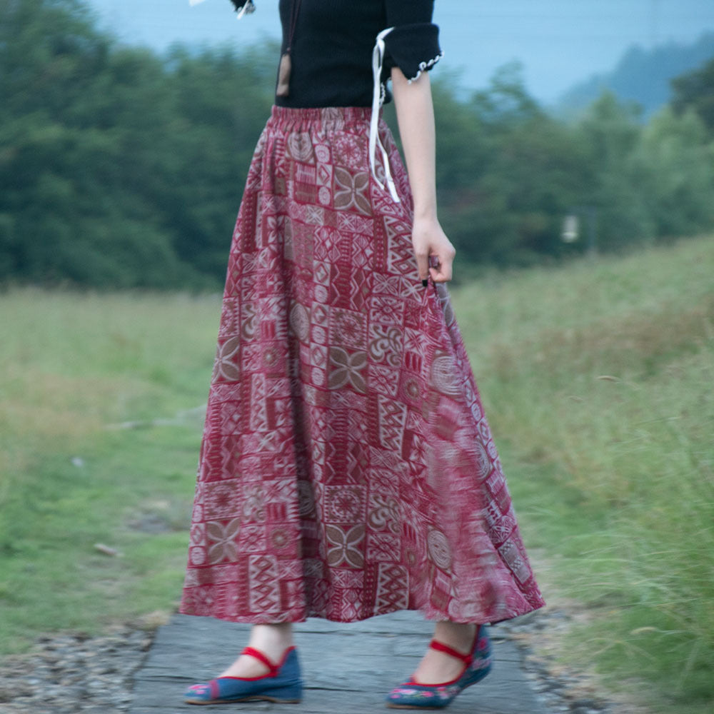 Rok ayunan linen katun gaya etnis dengan pinggang elastis