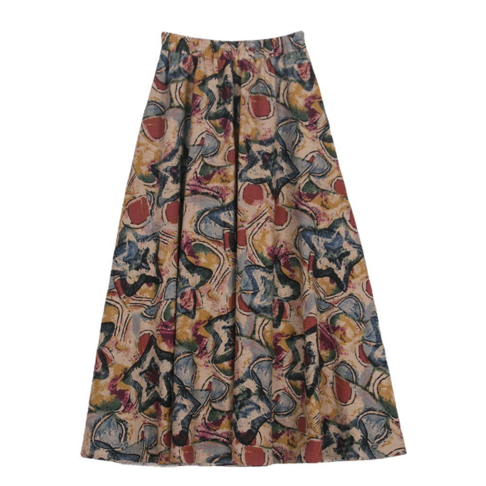 Rok ayunan linen katun gaya etnis dengan pinggang elastis