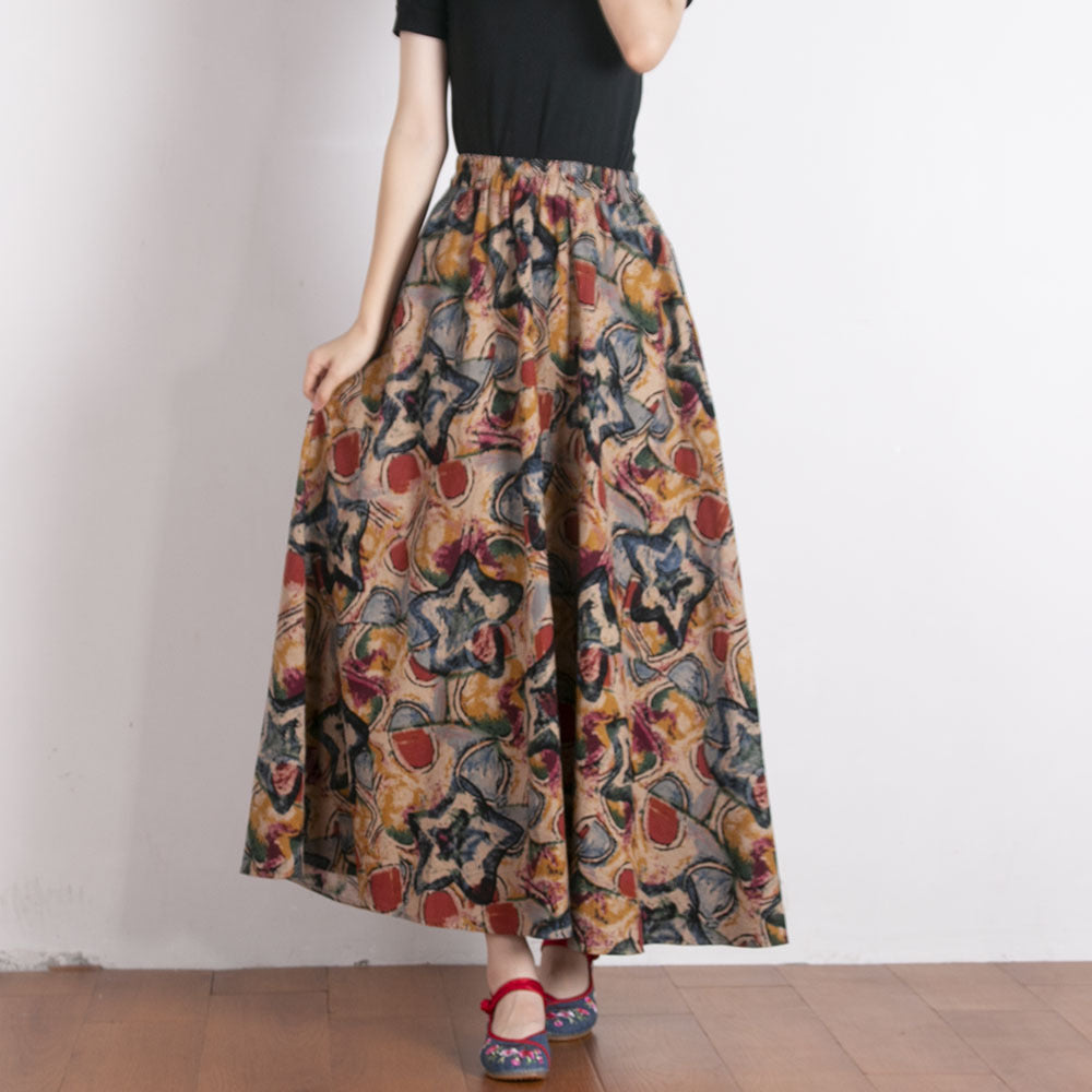 Rok ayunan linen katun gaya etnis dengan pinggang elastis