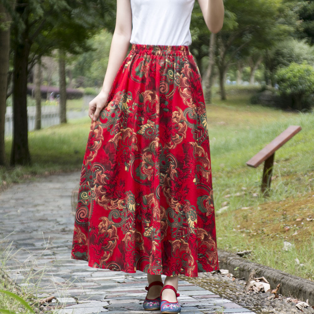 Rok ayunan linen katun gaya etnis dengan pinggang elastis