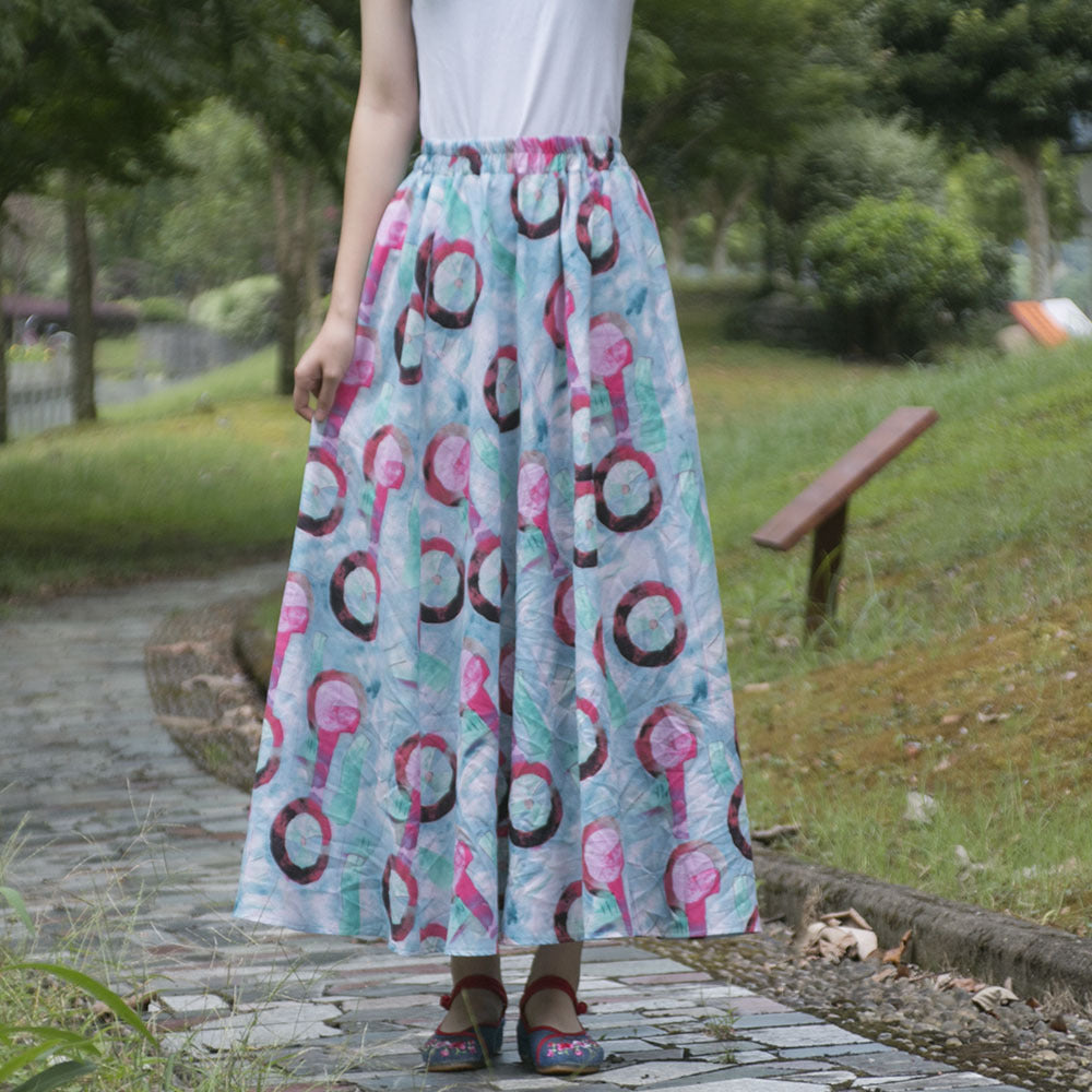 Rok ayunan linen katun gaya etnis dengan pinggang elastis