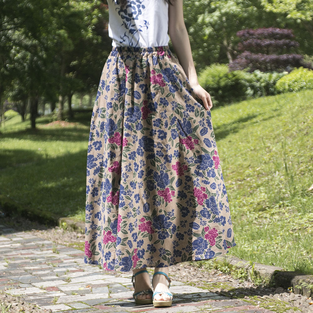 Rok ayunan linen katun gaya etnis dengan pinggang elastis