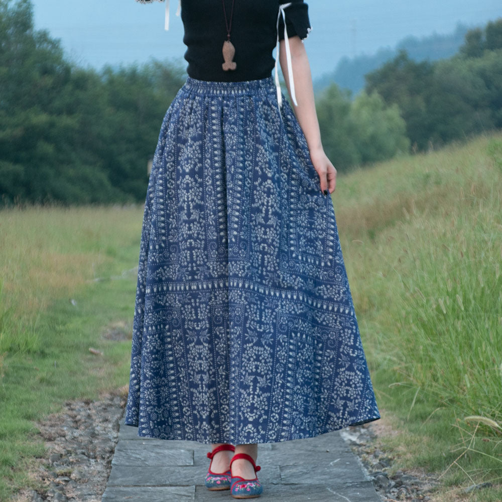 Rok ayunan linen katun gaya etnis dengan pinggang elastis