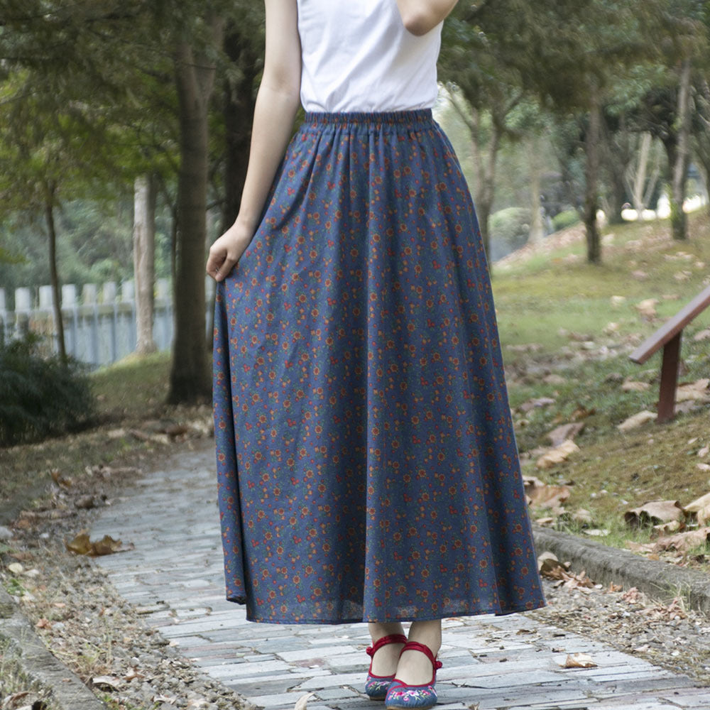 Rok ayunan linen katun gaya etnis dengan pinggang elastis