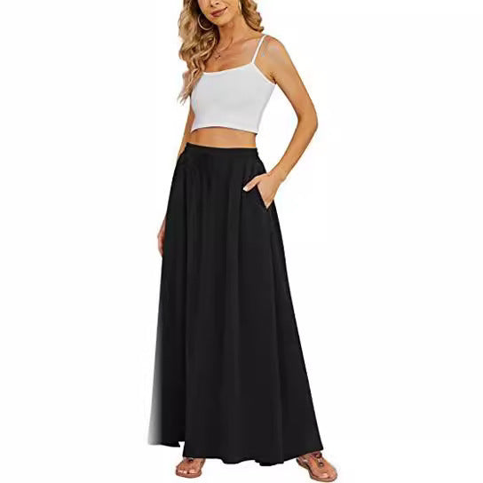 High Waist Lace Print Swing Skirt With Double Pockets-Black-Theone Apparel
