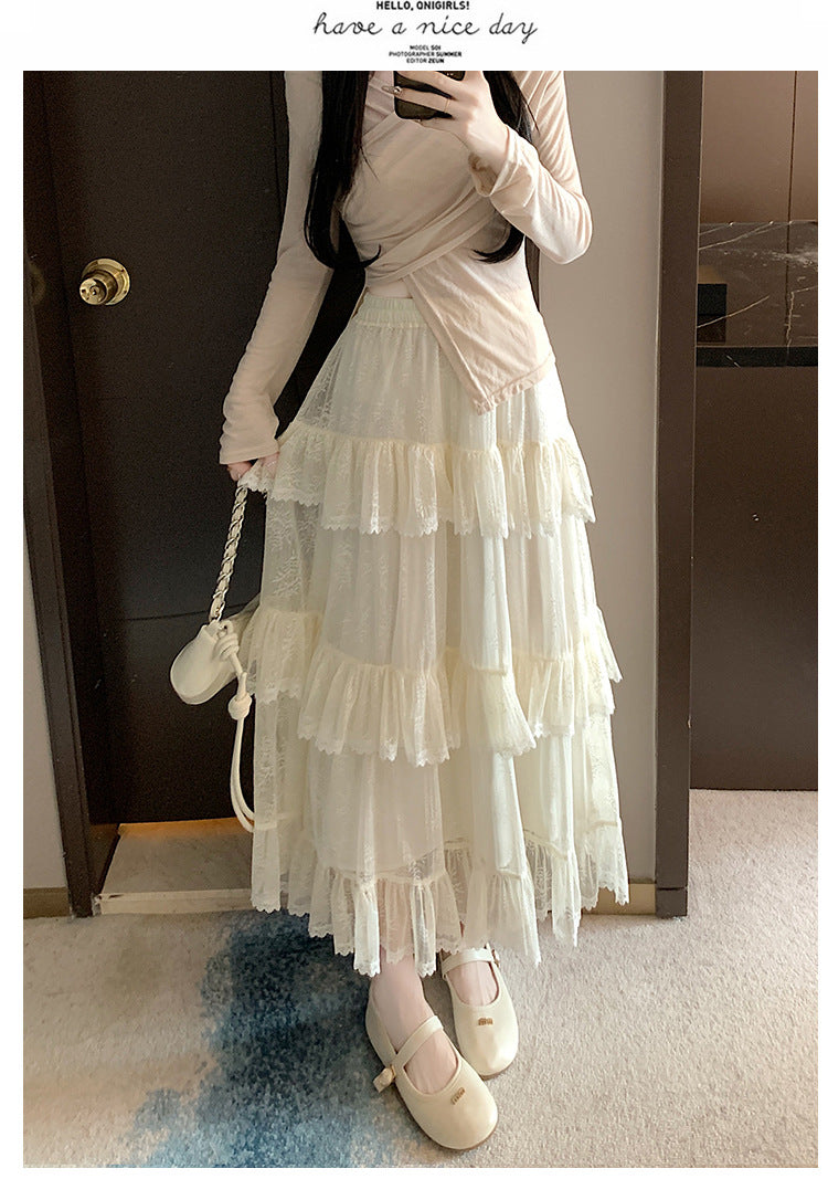 Lace Cake Dress With Net Falbala Bubble Skirt-Theone Apparel