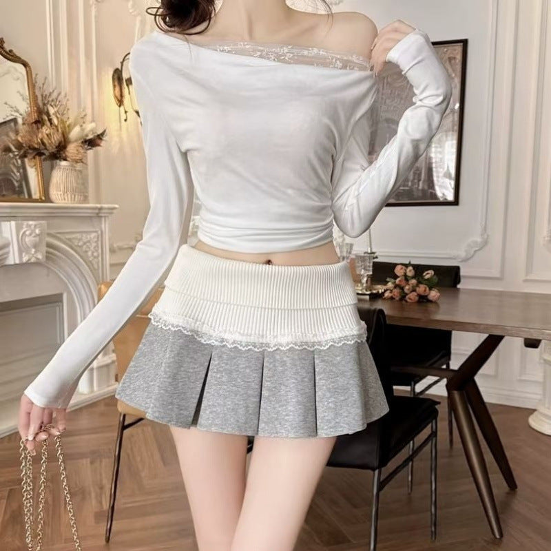 Lace Stitch Pleated Skirt For Playful Feminine Energy-Theone Apparel