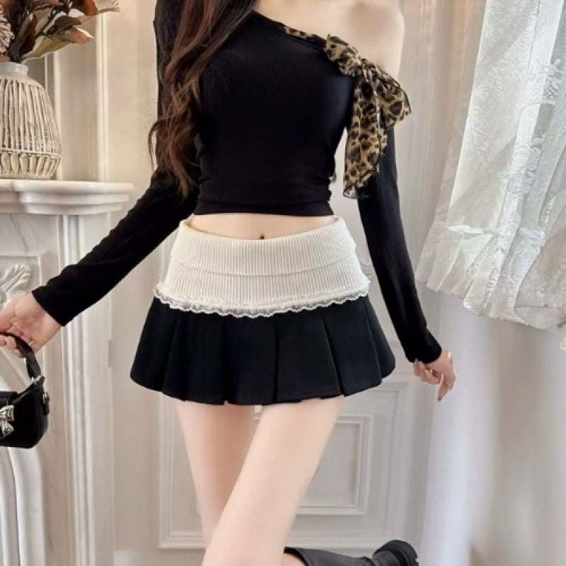 Lace Stitch Pleated Skirt For Playful Feminine Energy-Black-Theone Apparel