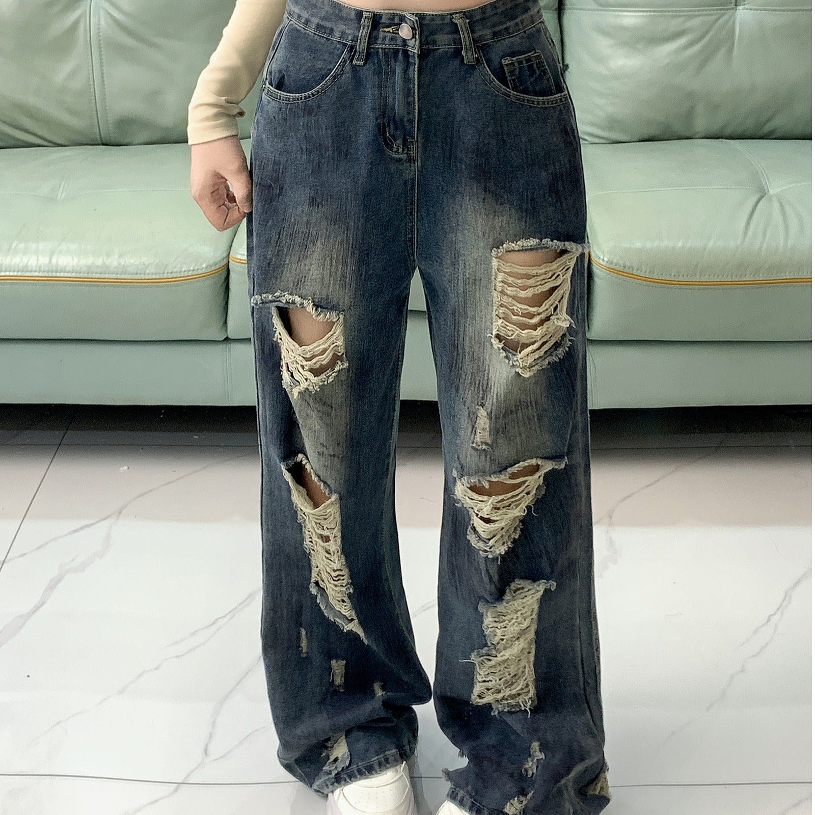 Laid-Back Ripped Loose Jeans with Urban Edge and Attitude-Theone Apparel