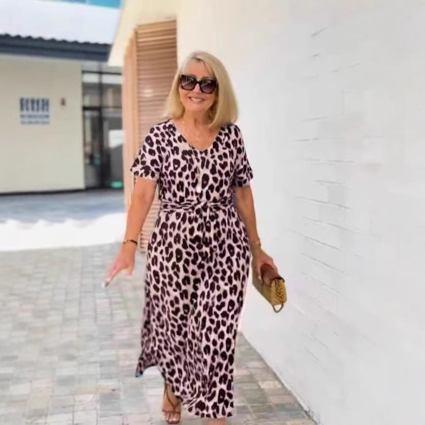 Leopard Print Short-Sleeve V-Neck Dress for Wild Charm-Theone Apparel