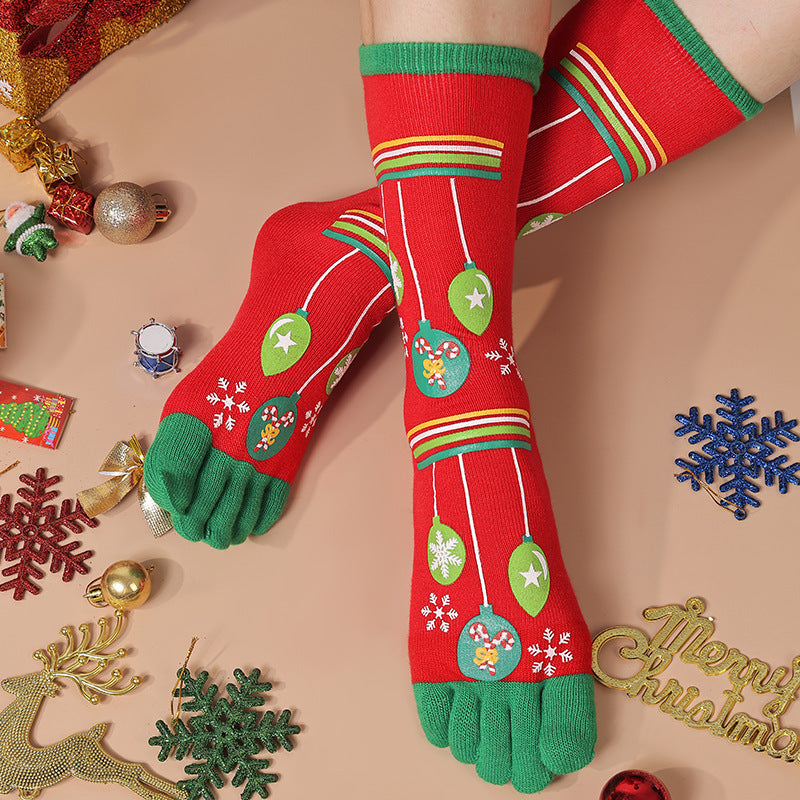 Lightweight Soft Crew Socks with Five Toes in Christmas Patterns-Red Balloon-Theone Apparel