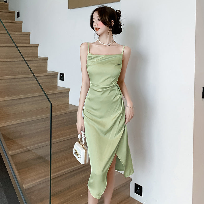 Luxurious Acetate Satin Dress with High-Grade Silky Finish-Green-Theone Apparel