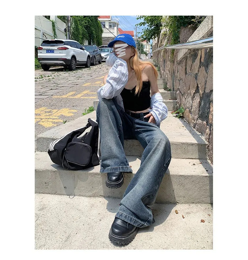 Mid-Rise Washed Wide-Leg Jeans with Relaxed Fit-Theone Apparel