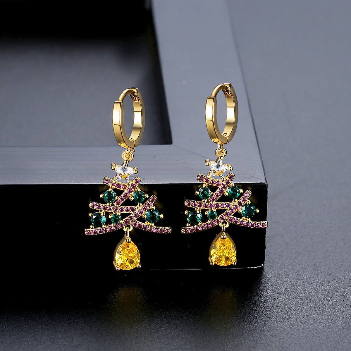 Modern Christmas Tree Dangle Drop Earrings with Multiple Colored Jewels