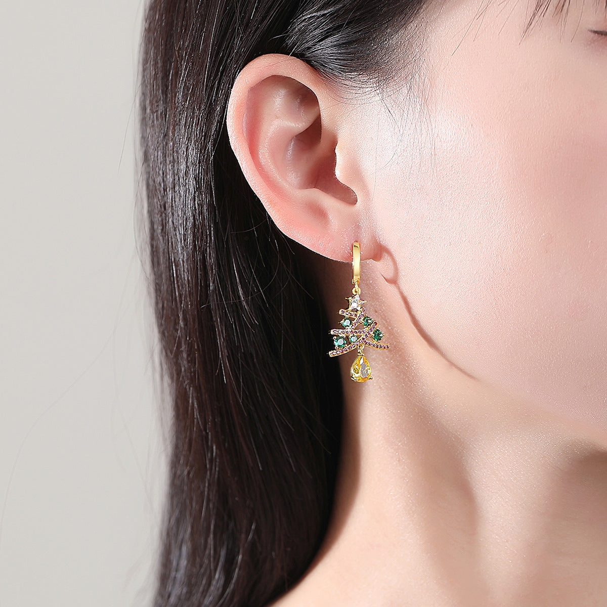Modern Christmas Tree Dangle Drop Earrings with Multiple Colored Jewels