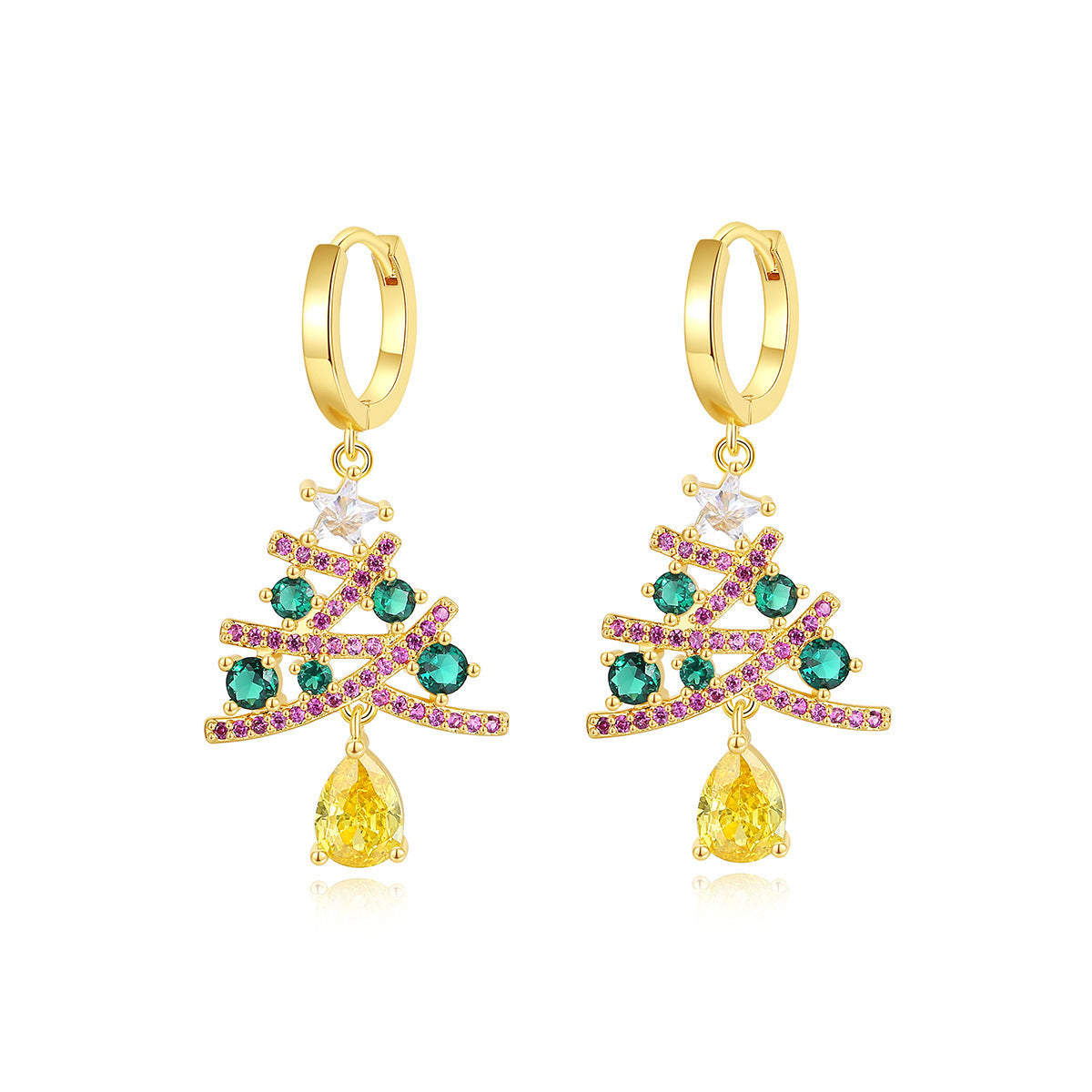 Modern Christmas Tree Dangle Drop Earrings with Multiple Colored Jewels