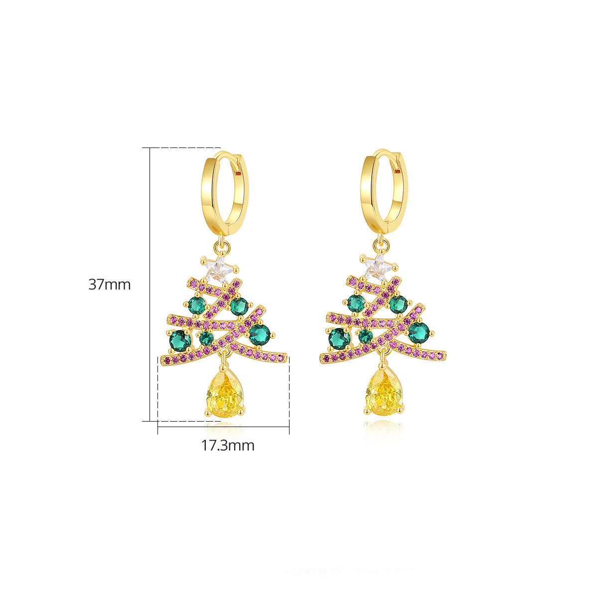 Modern Christmas Tree Dangle Drop Earrings with Multiple Colored Jewels