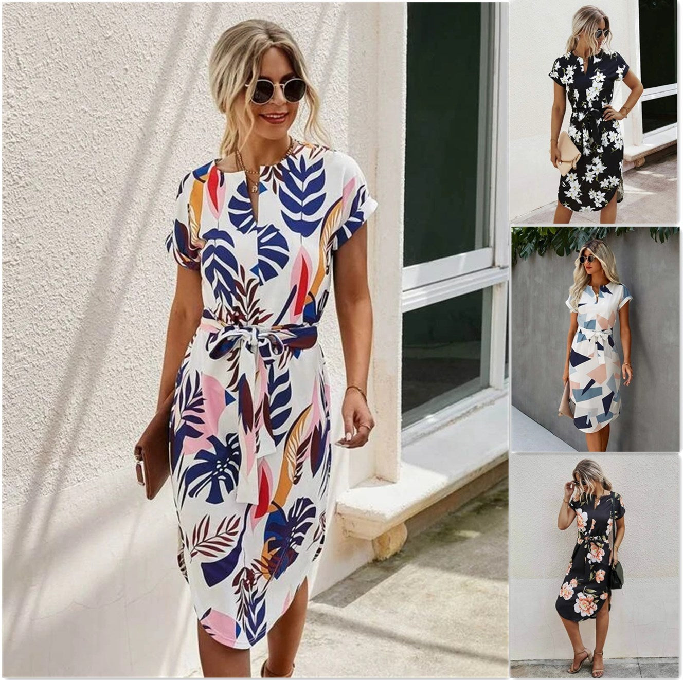 Modern Intriguing Lace-Up Side-Slit Dress with Bold Printed Details-Theone Apparel