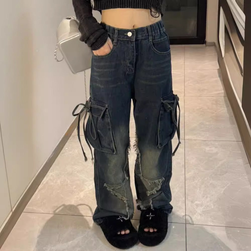 春季和秋季的複古多口袋美國牛仔褲