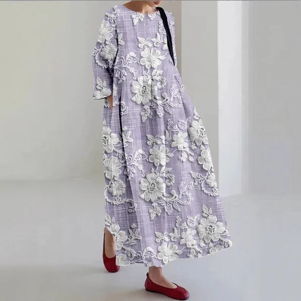 リラックスしたシルエットを備えた創造的な4分の3のフローラルドレス