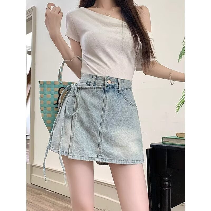 Shorts de saia jeans de cintura alta para roupas de verão brincalhões
