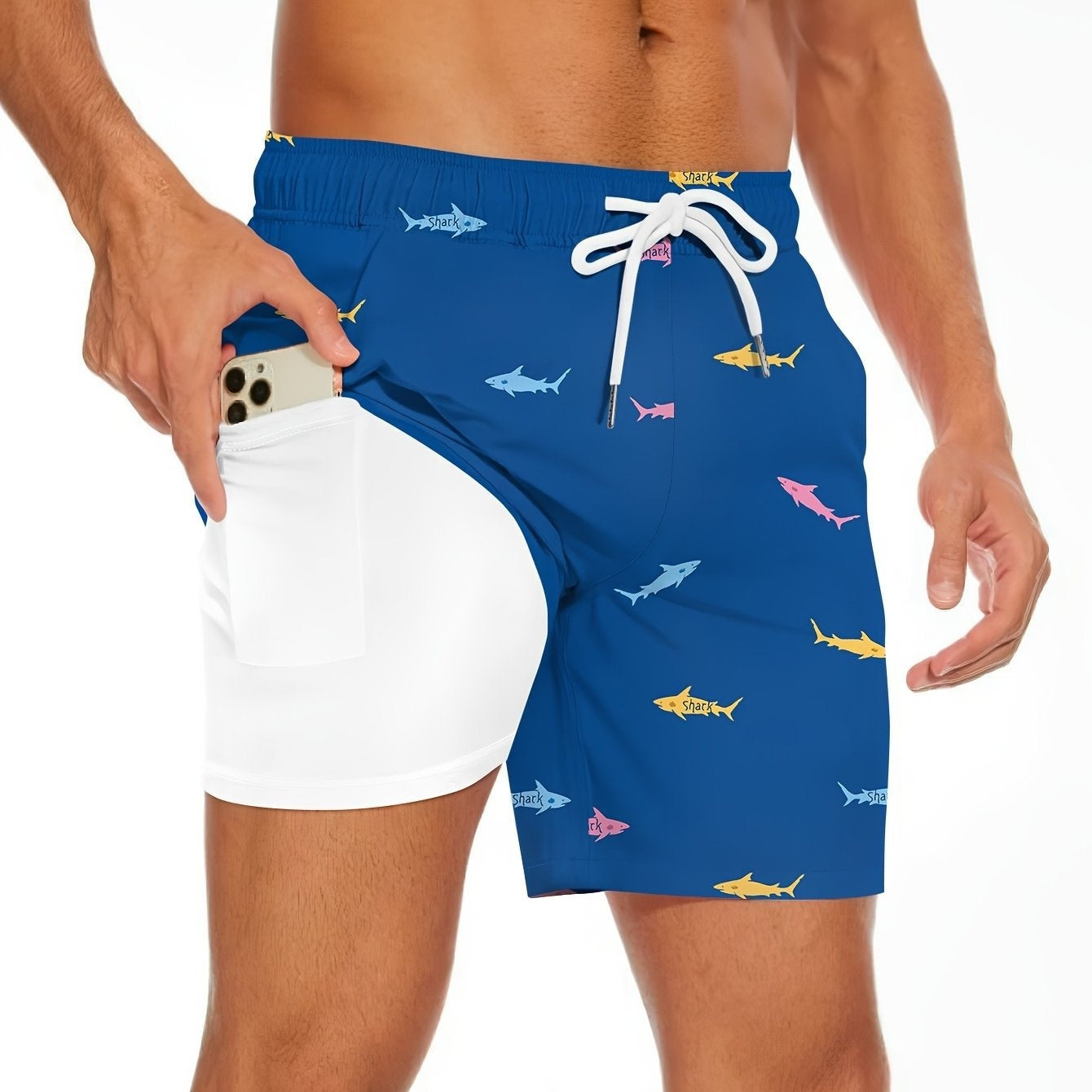 Playful Shark-Illustrated Drawstring Swim Trunks for Beach Fun-Dark Blue-Theone Apparel