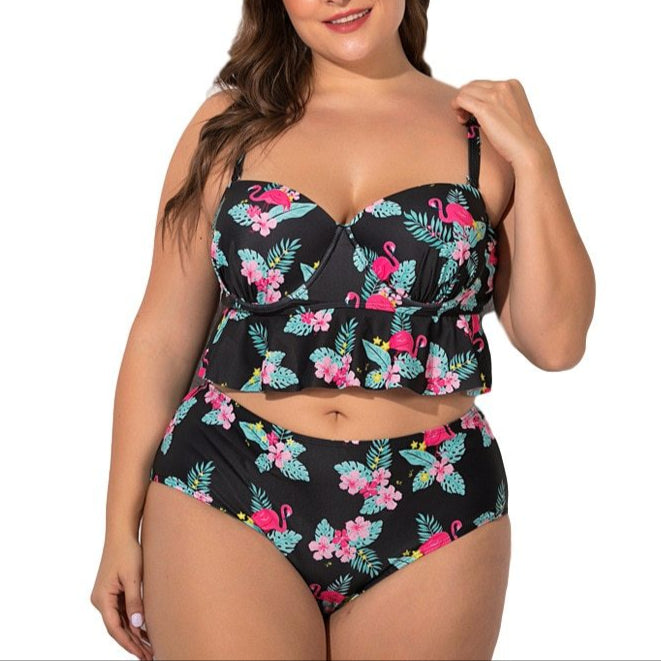 Plus-Size Gathered Boxer Split Bikini for Confident Curves-Black with Pink Flowers-Theone Apparel
