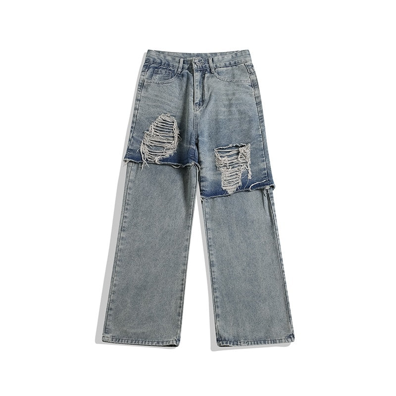 Plus-Size Mud-Dyed Ripped Jeans with Casual Rugged Energy-Light Blue-Theone Apparel