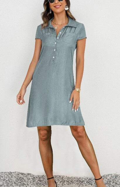 Plus-Size Swing Denim Dress with Split Pockets and Casual Vibe-Gray-Theone Apparel