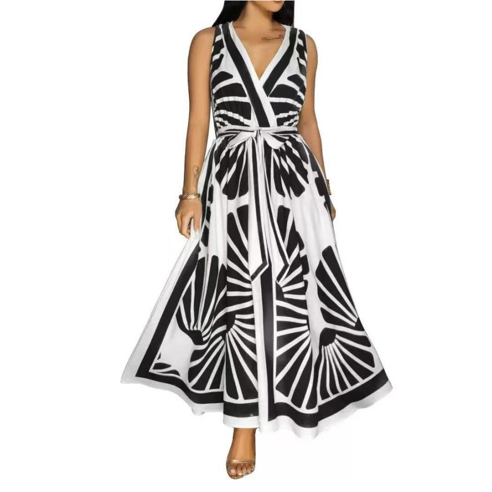 Positioned Print V-Neck Backless Dress for Summer Soirées-Black-Theone Apparel