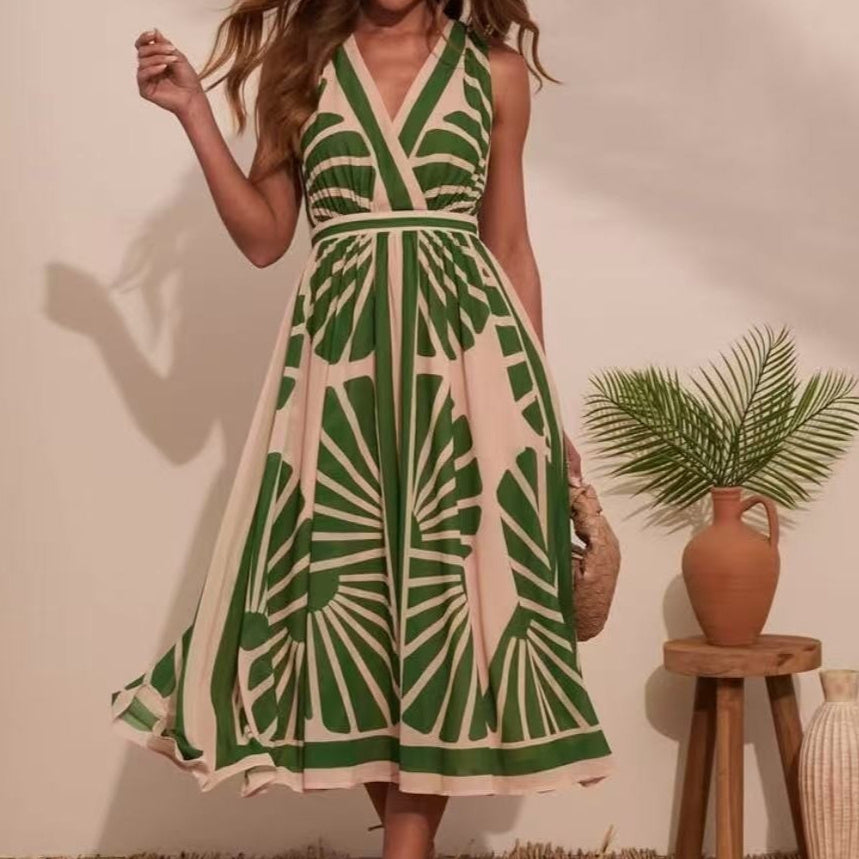 Positioned Print V-Neck Backless Dress for Summer Soirées-Theone Apparel
