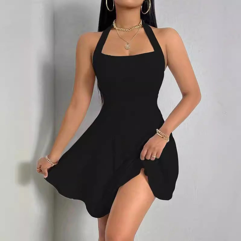 Pure-Color Halter Backless Sleeveless Dress for Chic Minimalism-Theone Apparel