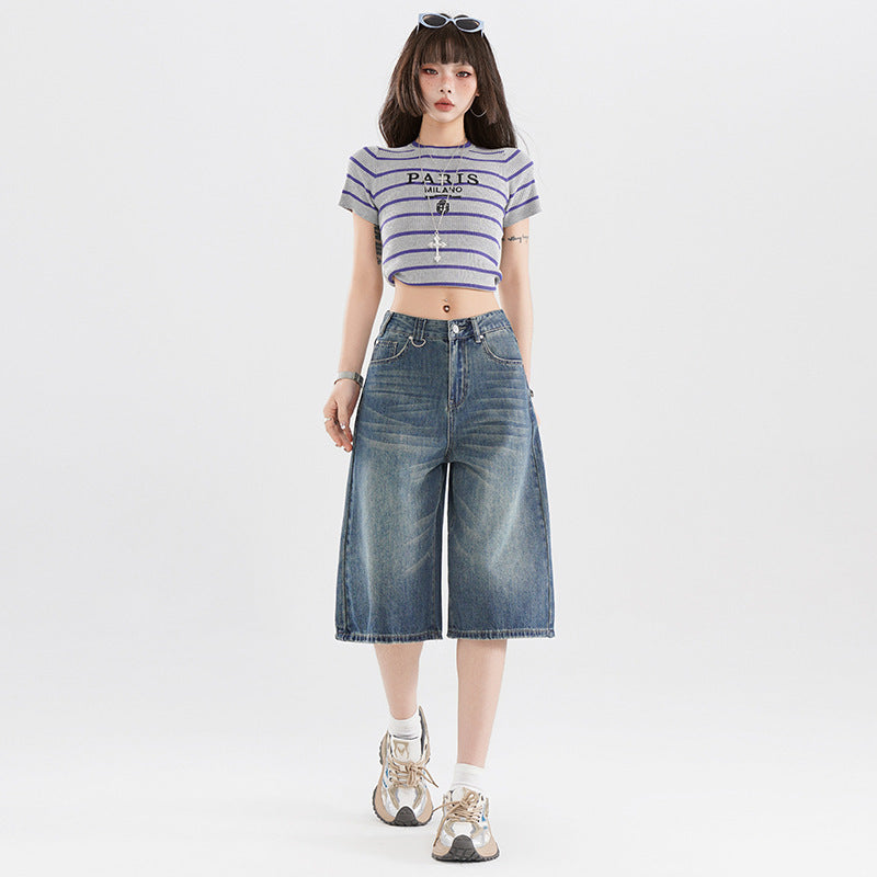Retro Cropped High Street Jeans with Summer Americana Vibes-Theone Apparel