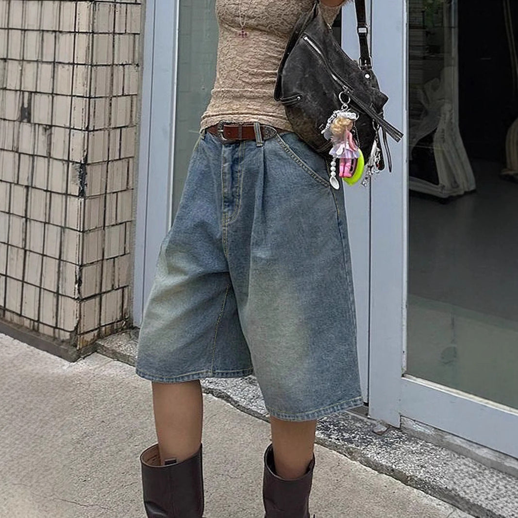 Retro Pleated Wide-Leg Denim Shorts with Loose Fit Charm-Theone Apparel