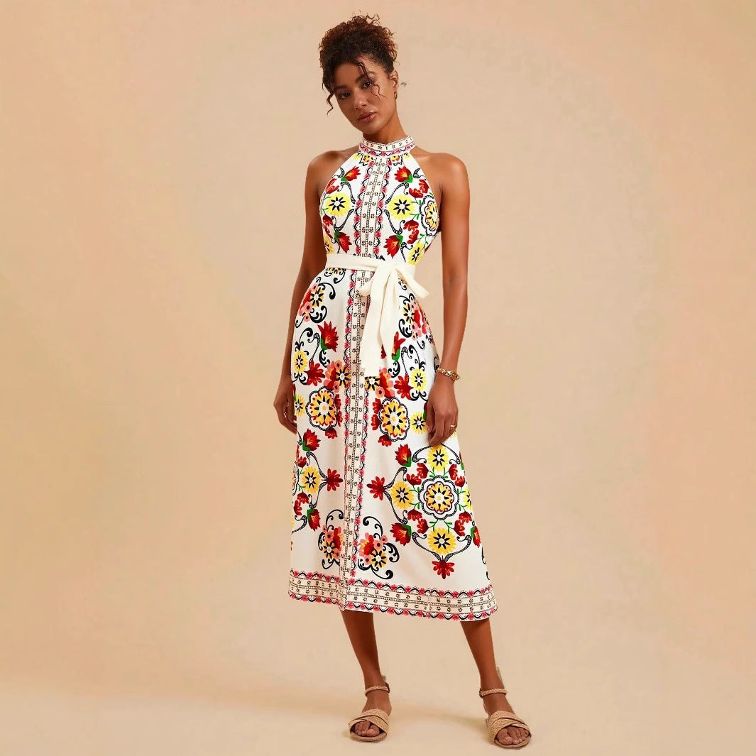 Romantic Floral Print Midi Dress with Lace-Up Sleeveless Accents-Theone Apparel
